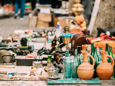 Tbilisi, Georgia. Shop Flea Market Of Antiques Old Retro Vintage Things On Dry Bridge In Tbilisi.